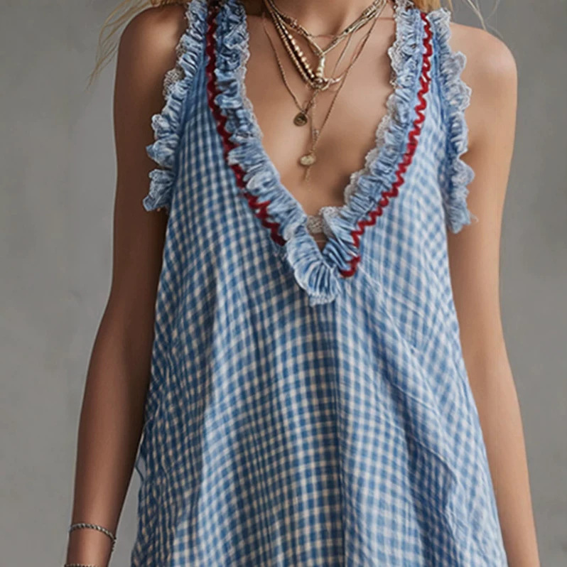 Blue Plaid Ruffle V-Neck Mini Dress