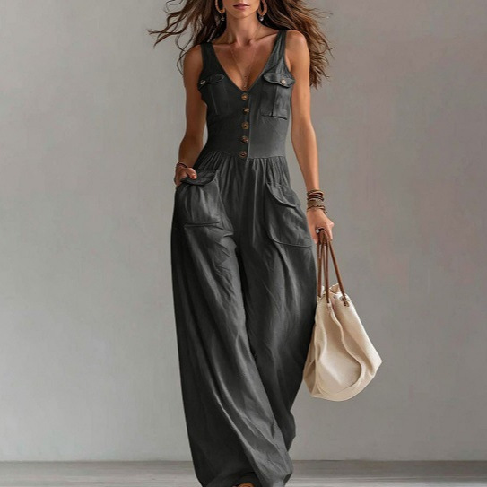 Women's Solid Color Button Pocket Loose Wide-Leg Overalls Jumpsuit