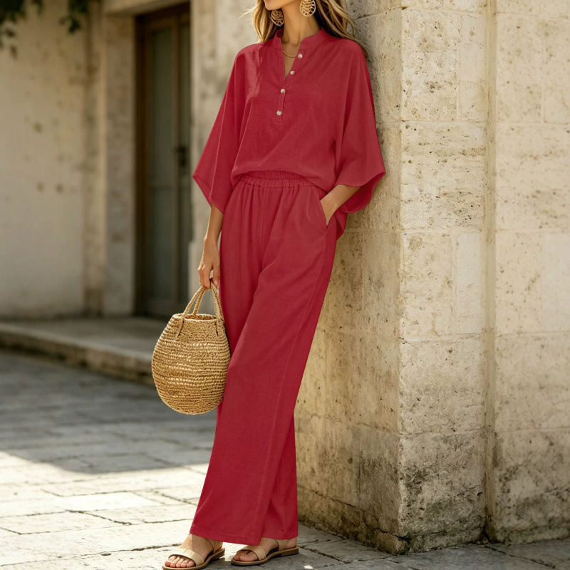 Minimalist Loose Batwing Sleeve Half-Placket High-Waist Wide-Leg Two-Piece Set