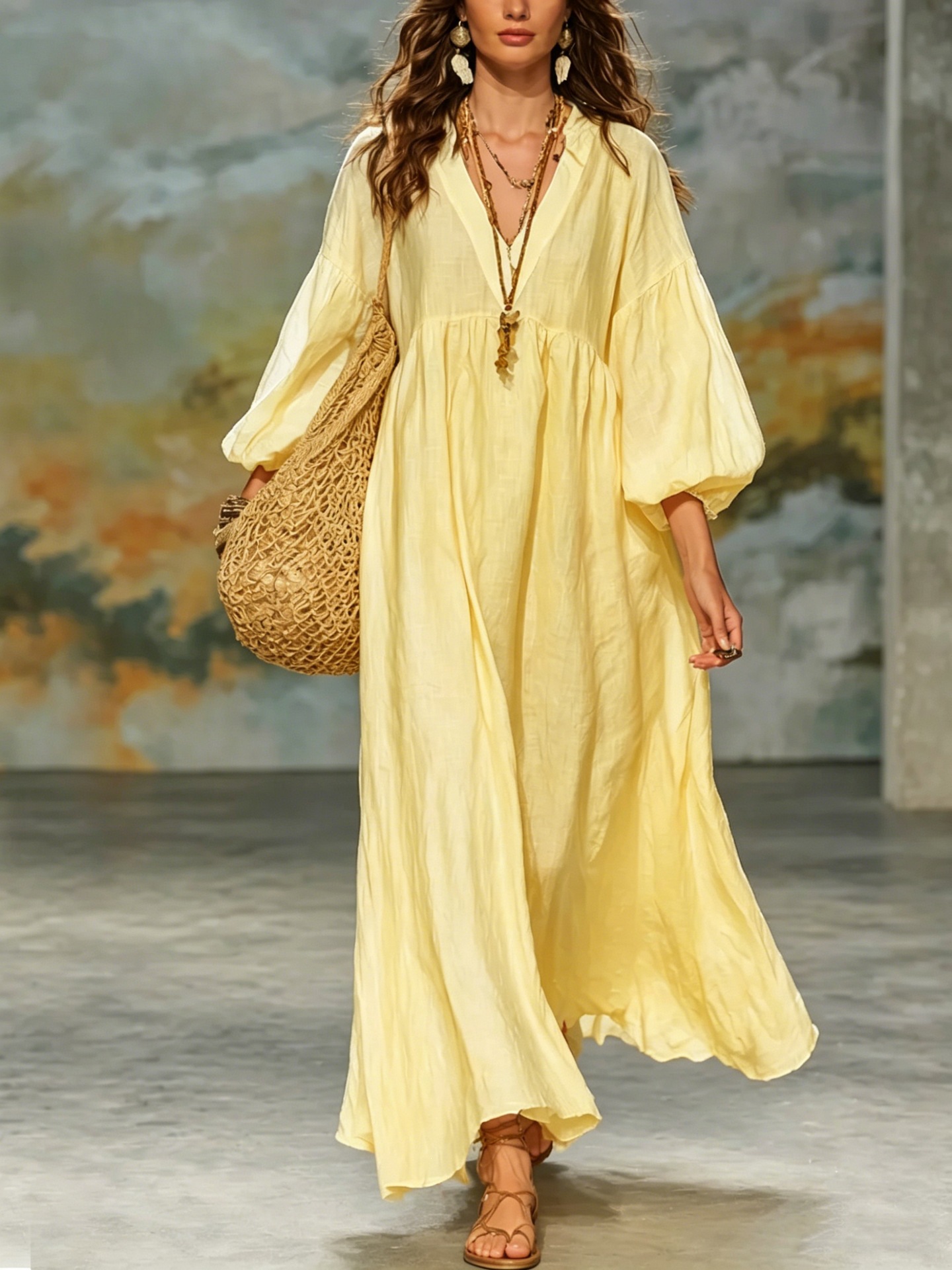 Boho Deep V Lantern Sleeve Maxi Dress