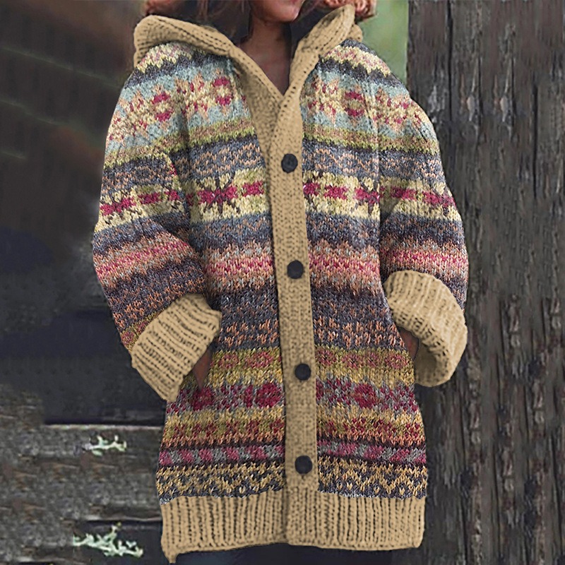 Women's Floral Leaf Print Hooded Button Cardigan Sweater