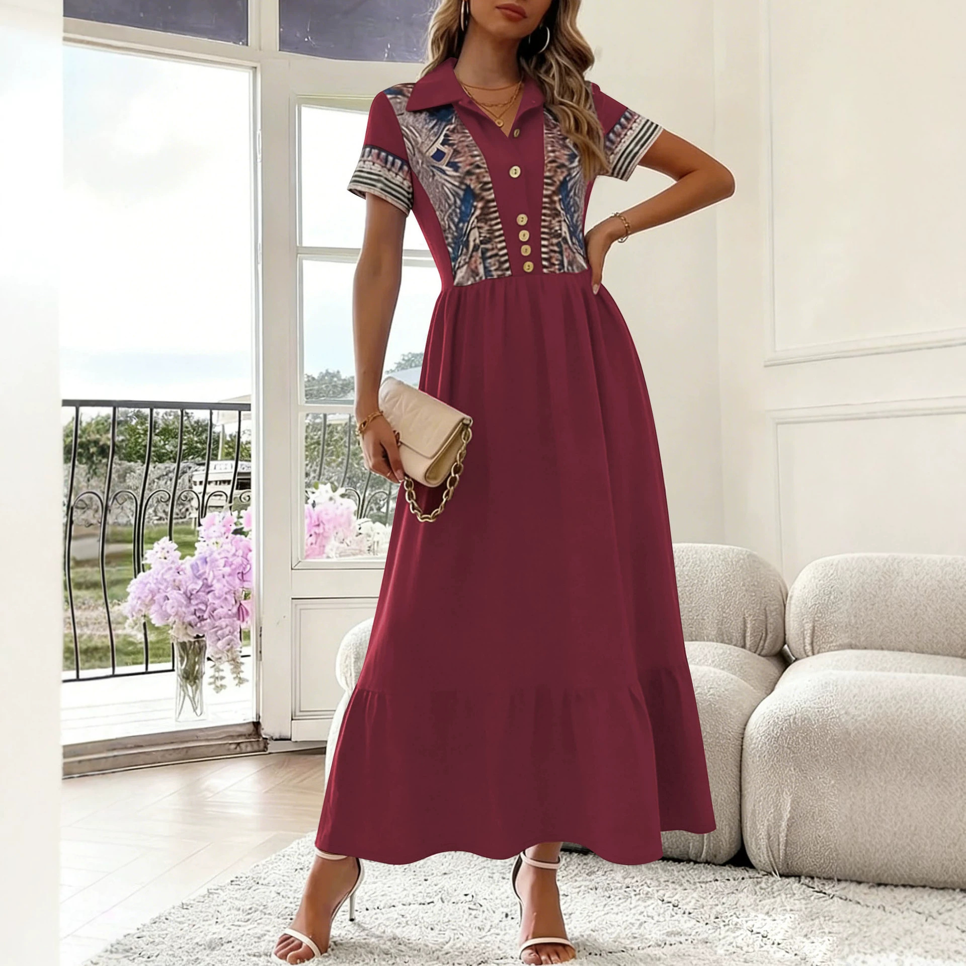 Aztec Print Collared Short Sleeve A-Line Maxi Dress