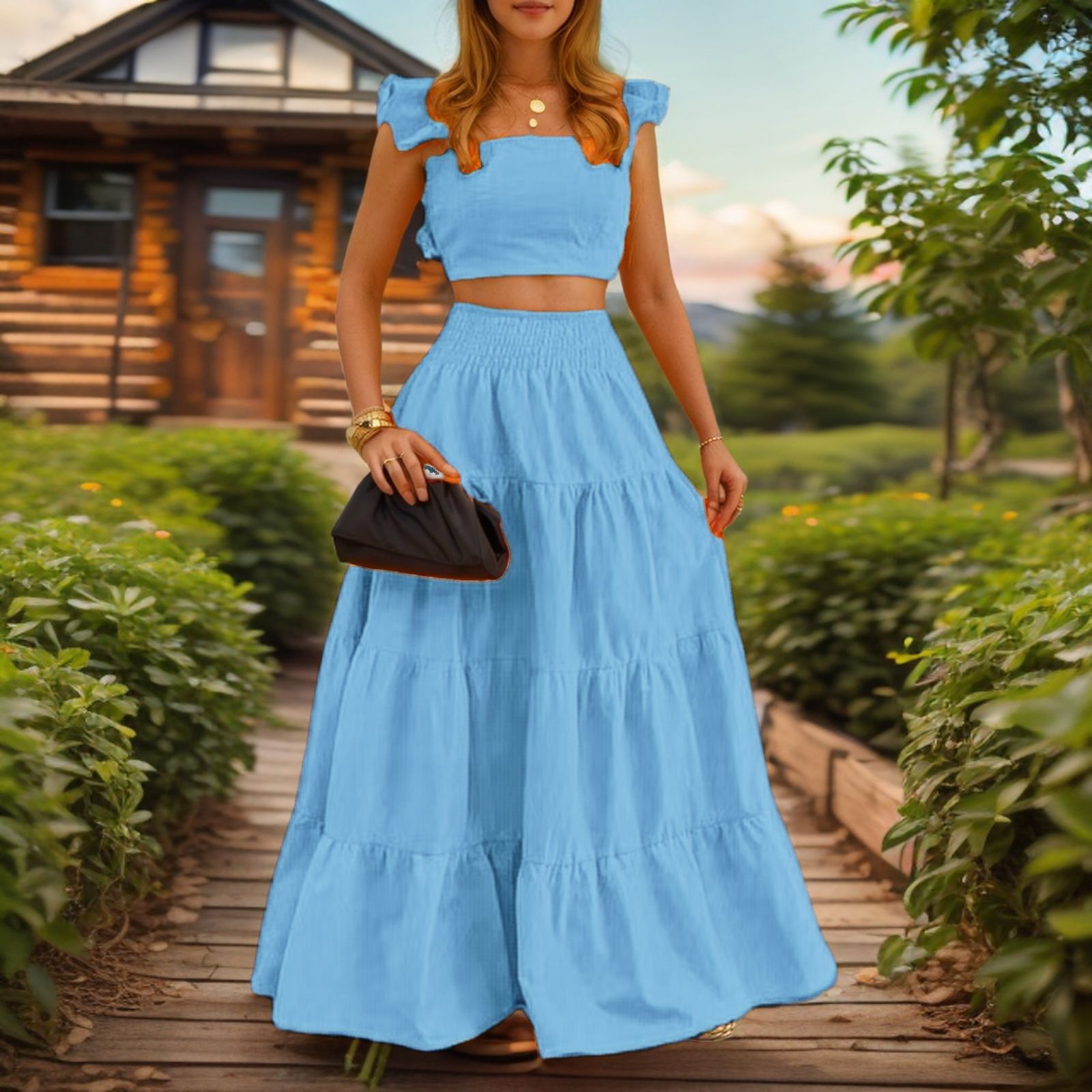 Women's Short Sleeve Top and Solid Midi Skirt Two-Piece Set