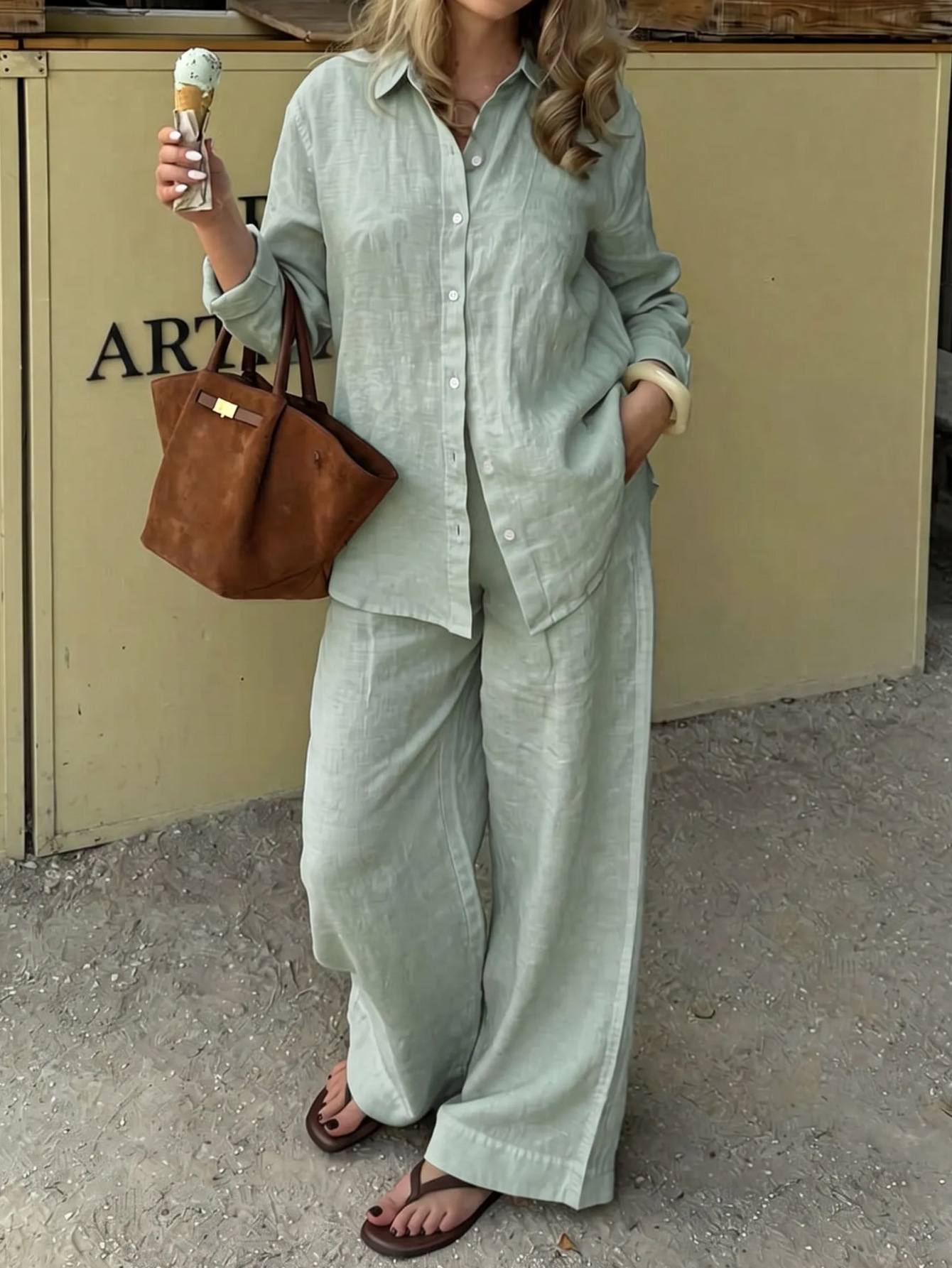 Minimalist Two-Piece Collared Long-Sleeve Shirt & Wide-Leg Pants Casual Commuter Set