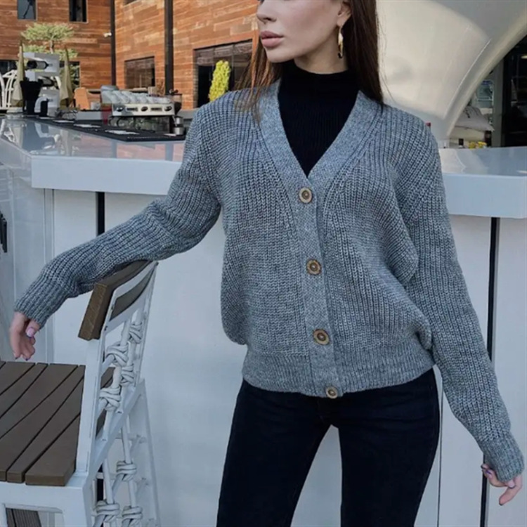 V-Neck Four-Button Knit Cardigan Sweater Coat Women's Loose Relaxed Fit