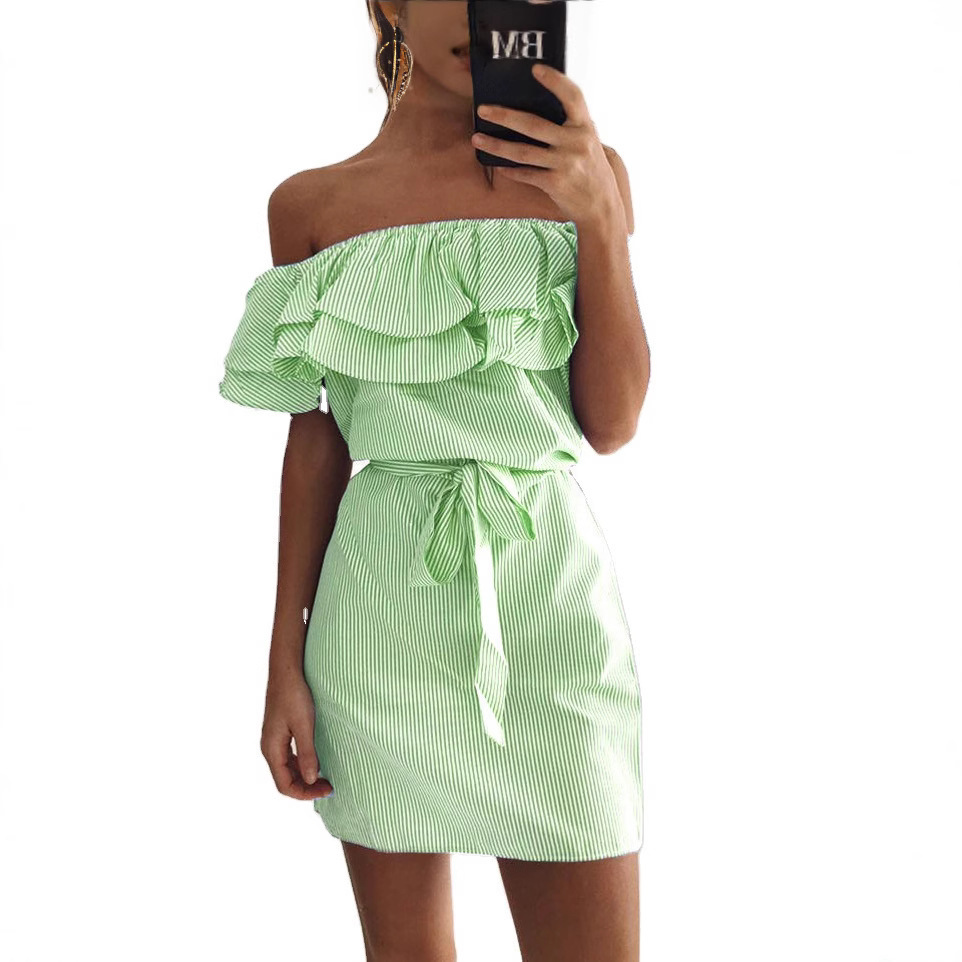 Striped Off-Shoulder Ruffle Sleeve Dress