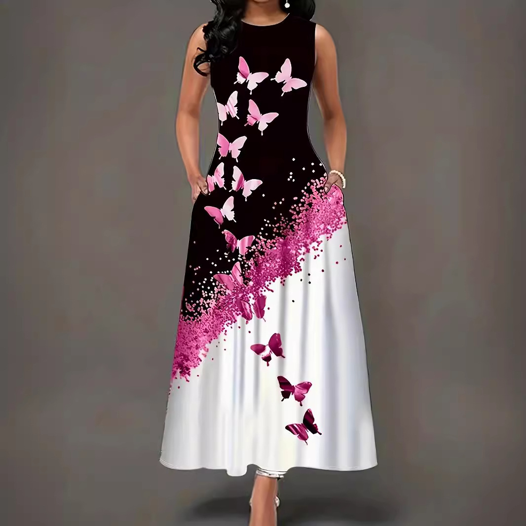 Butterfly Print Sleeveless A-Line Maxi Dress with Pockets