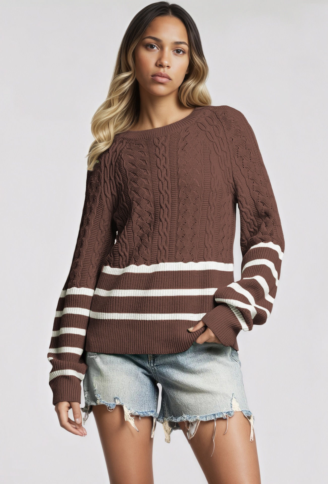 Women's Cable Knit Striped Crewneck Sweater Loose Fit Long Sleeve
