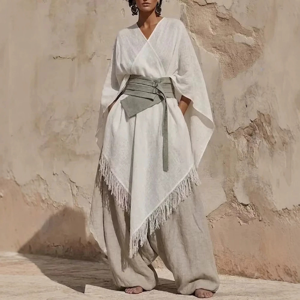 Women's Fringed Cape & Wide-Leg Pants Two-Piece Set