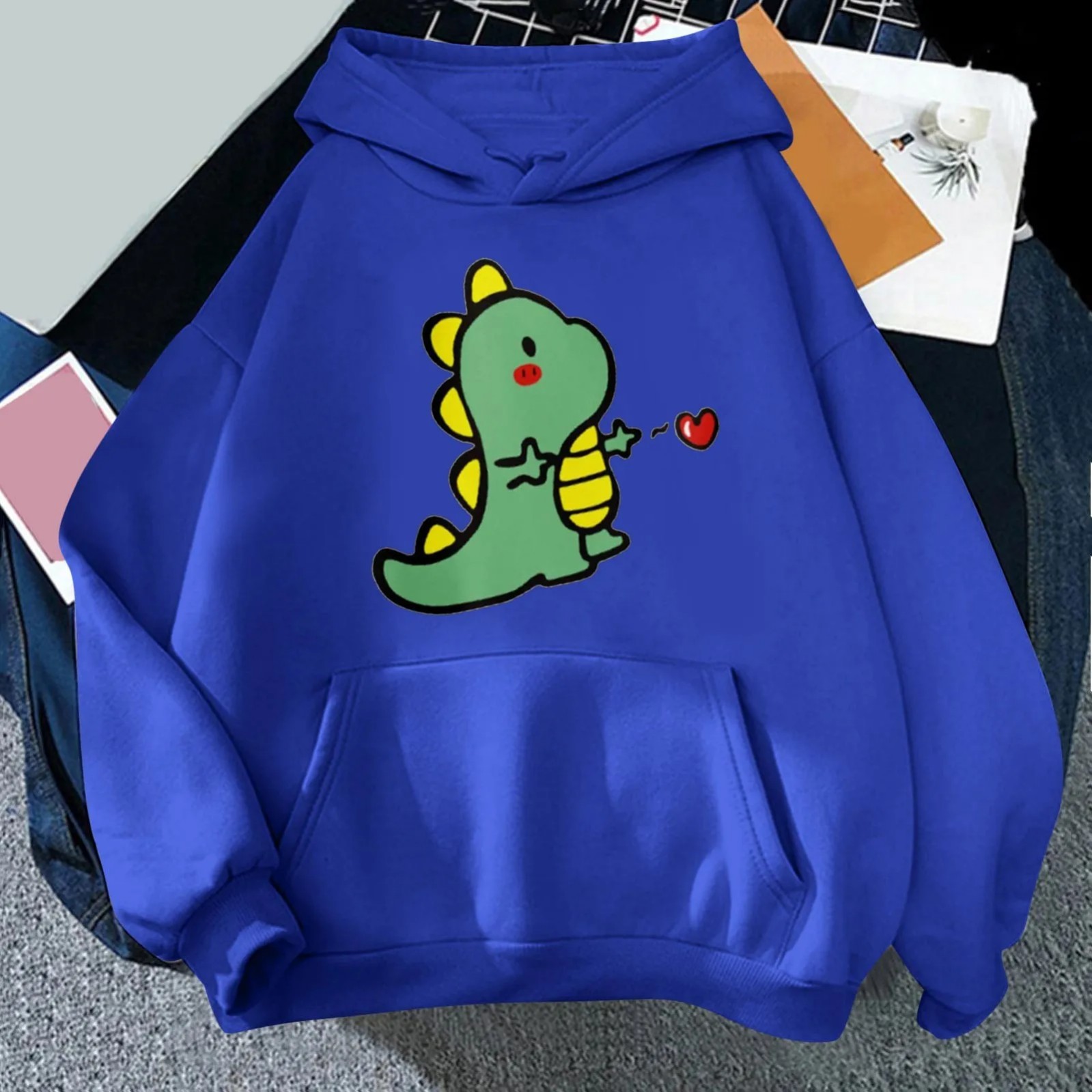 Women's Cartoon Dinosaur Heart Print Hoodie