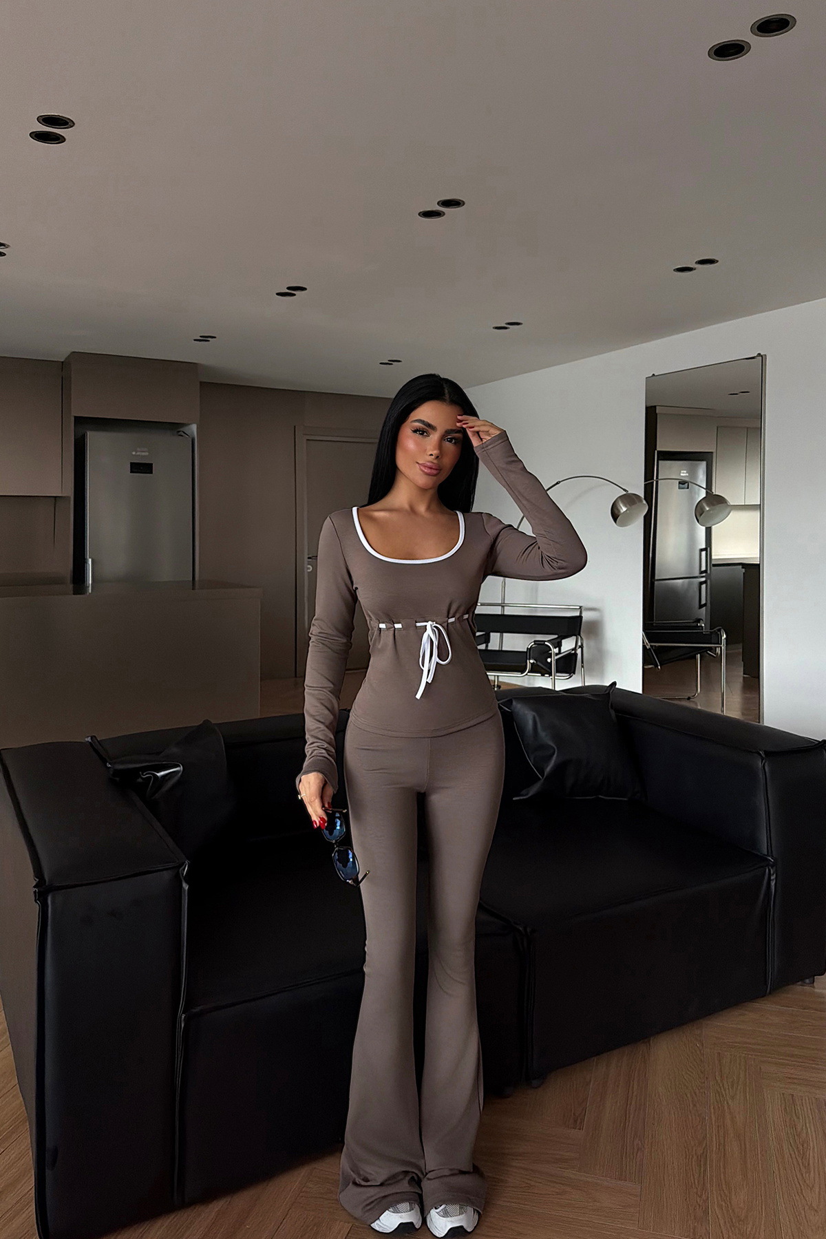 Women's Long Sleeve Drawstring Top and Floor-Length Pants Two-Piece Set