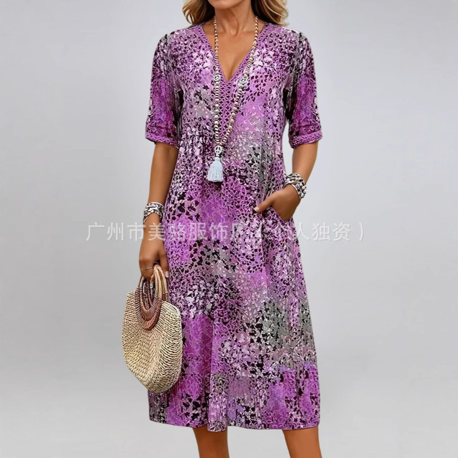 Floral Print V-Neck Short Sleeve Midi Dress with Pockets