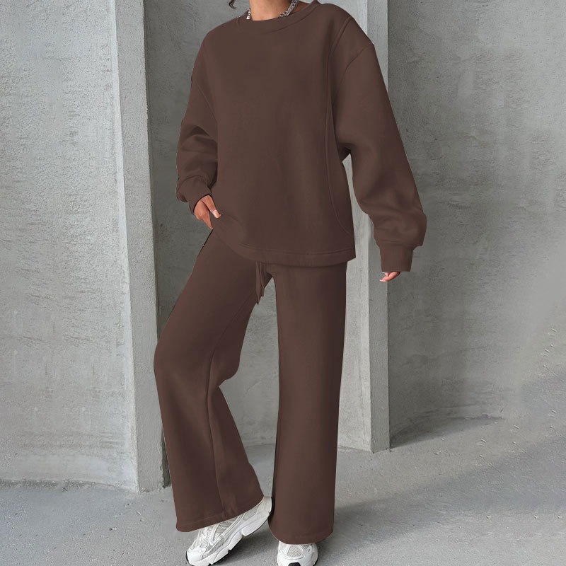 Women's Solid Crewneck Long Sleeve Wide-Leg Pants Set Casual Loose Fit