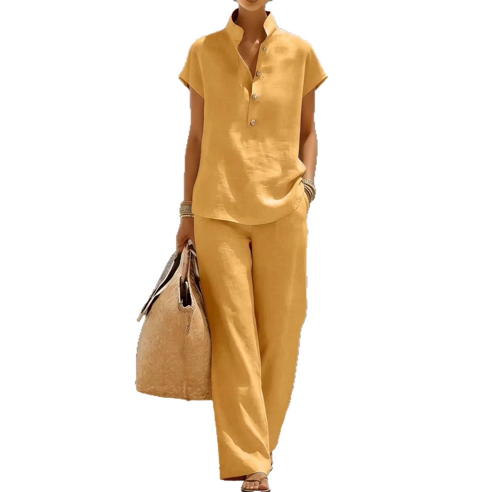 Women's Casual Open-Front Short-Sleeve Top and Pants Solid Color Set