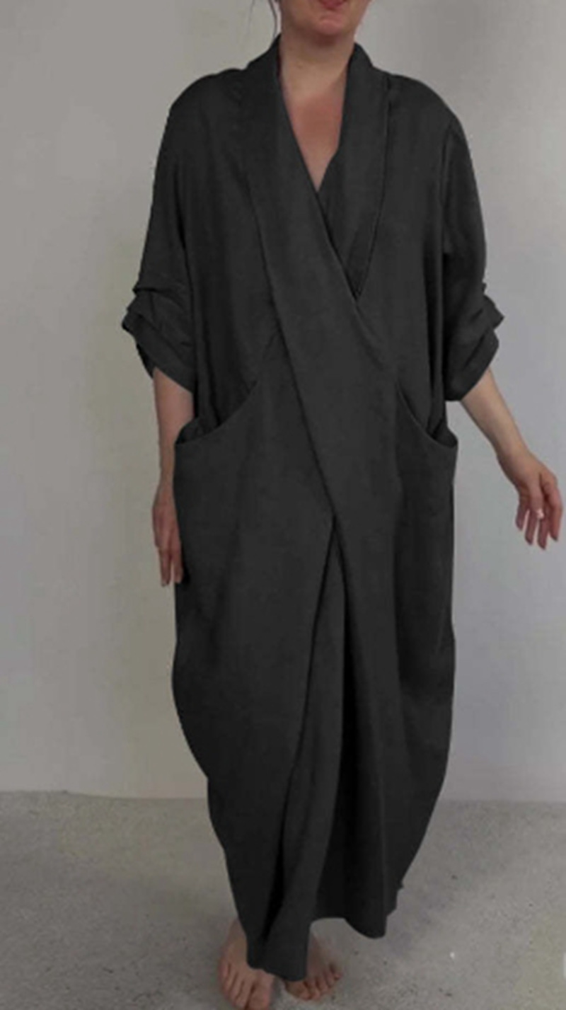 Women's V-Neck Split Hem Casual Dress Solid Color Loose Fit Long Dress