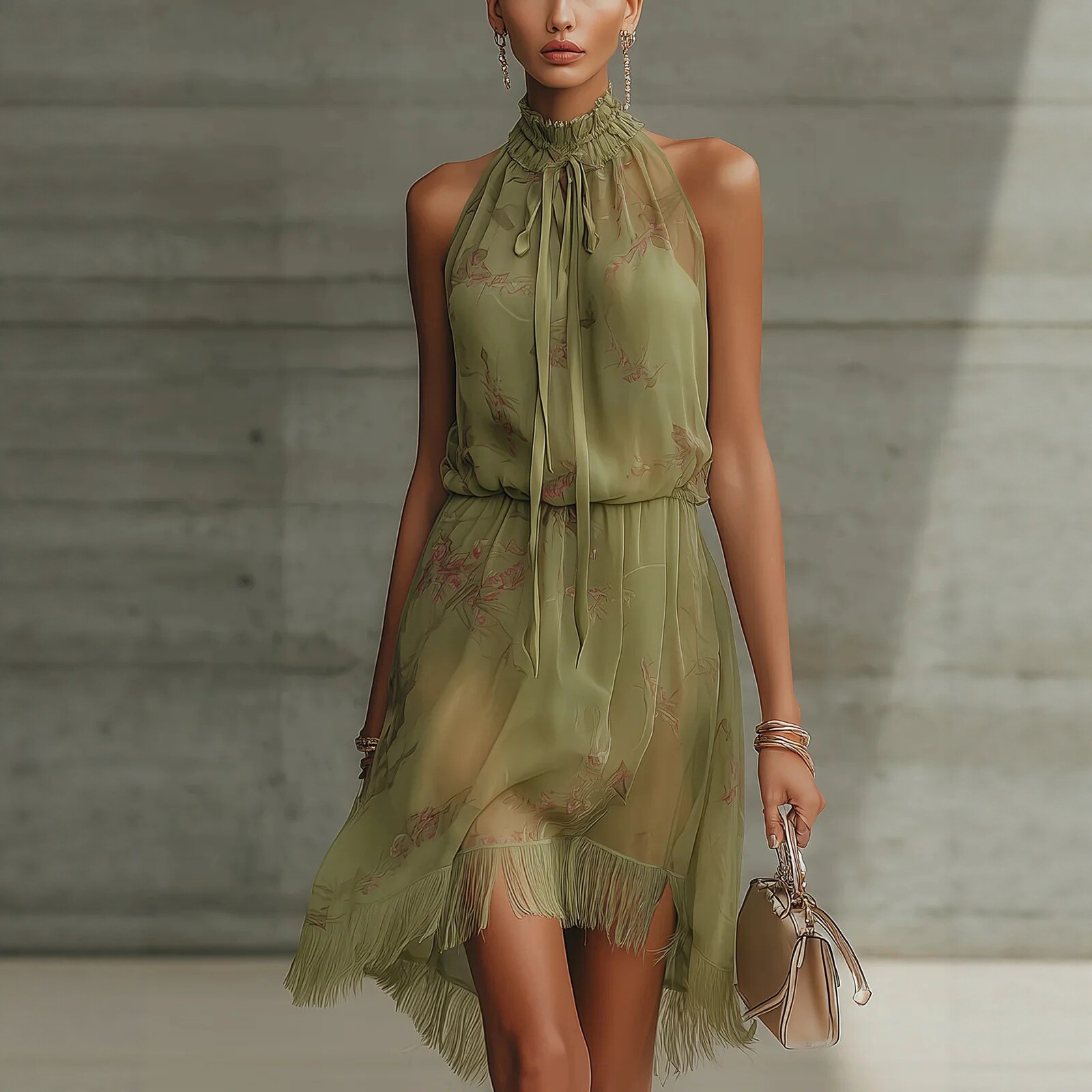 Green Print Fringe Halter Open-Back Midi Dress