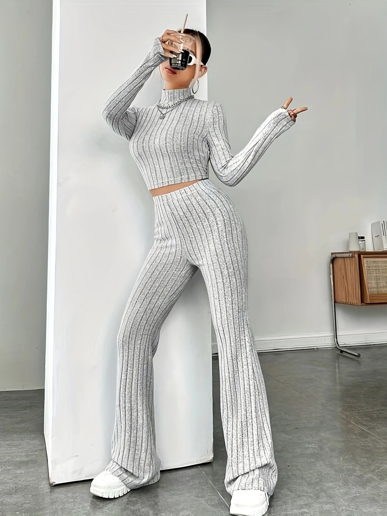 Women's Knit Long Sleeve High Waist Two-Piece Pants Set