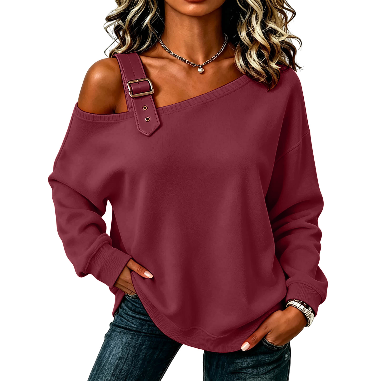 Solid Color Long Sleeve Off-Shoulder Button Hoodie