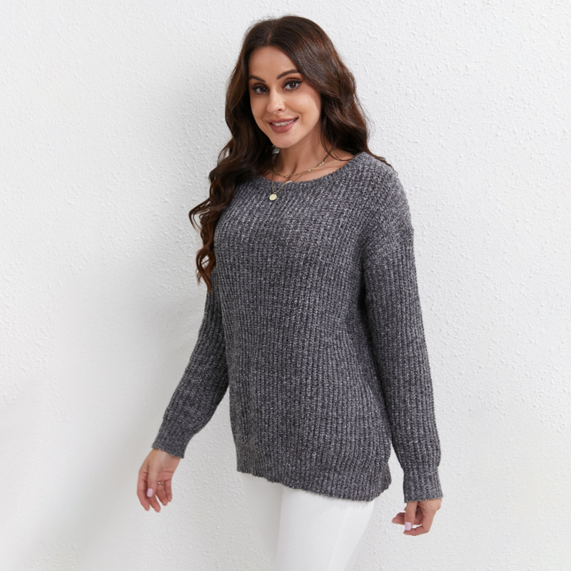 Women's Solid Crewneck Pullover Sweater Loose Long Sleeve Knit Top
