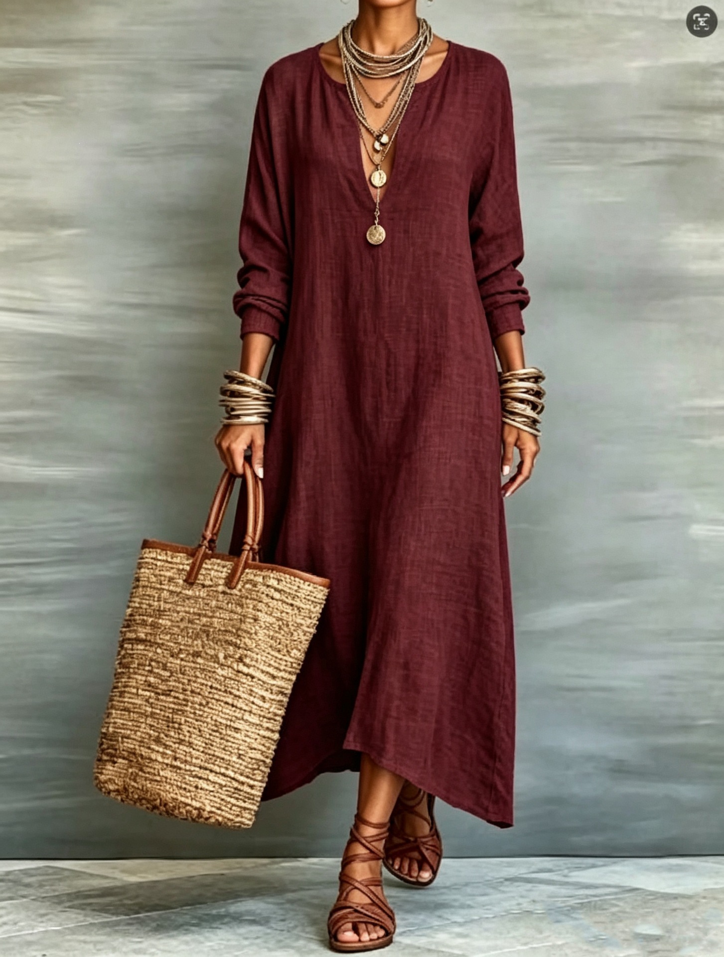 Retro Solid Deep V-Neck Long Sleeve Loose Maxi Dress