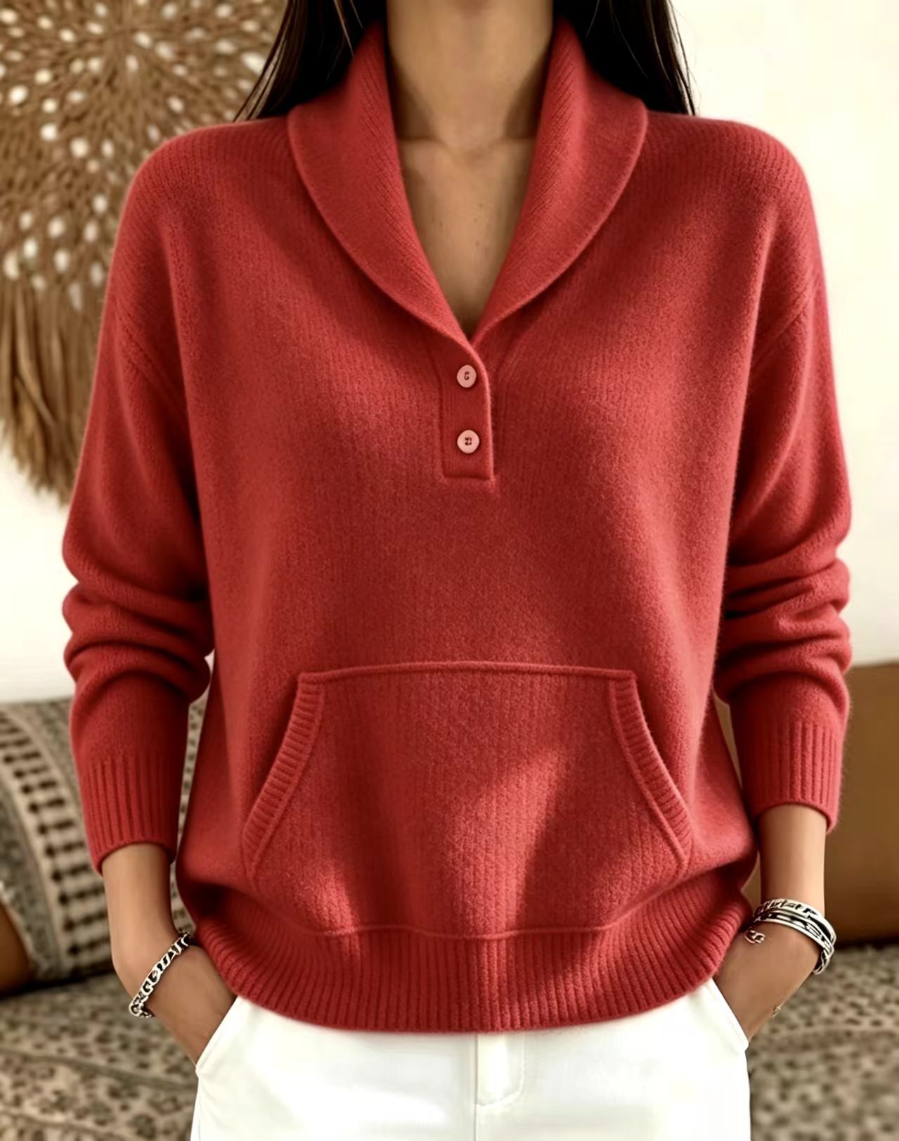Suit-Collar Button Kangaroo Pocket Sweater for Women