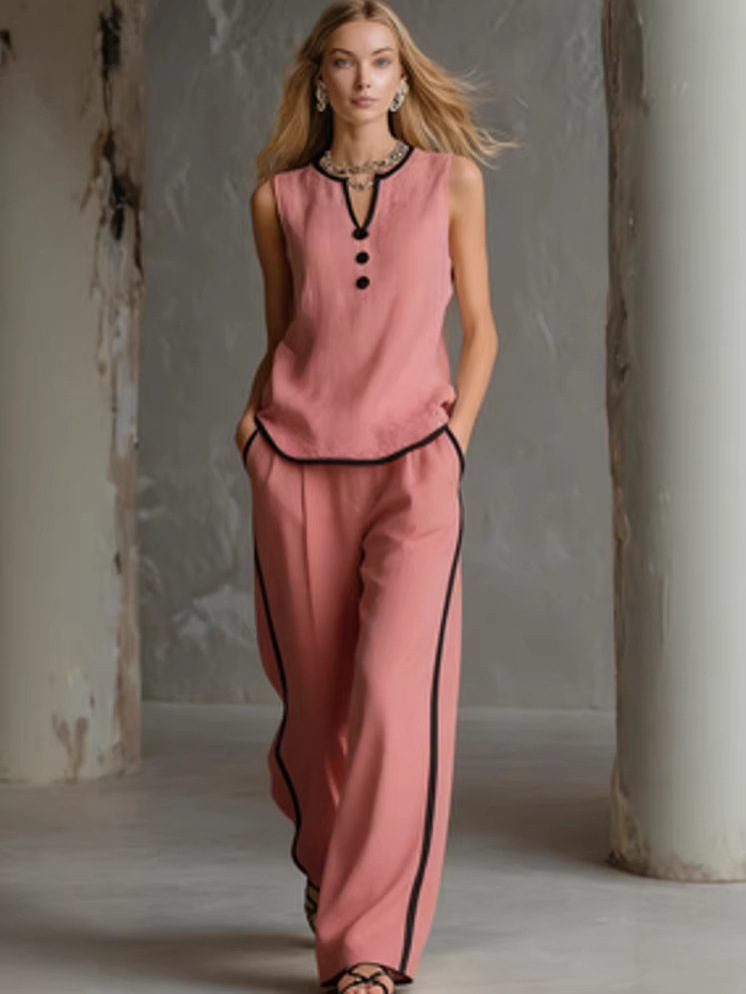 Women's Sleeveless Button Two-Piece Pant Set Casual Solid Color