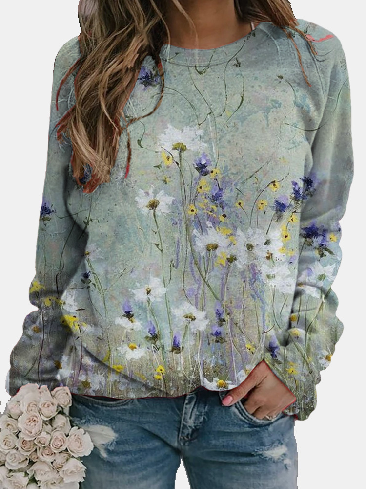 Women's Long Sleeve Floral Digital Print Sweatshirt