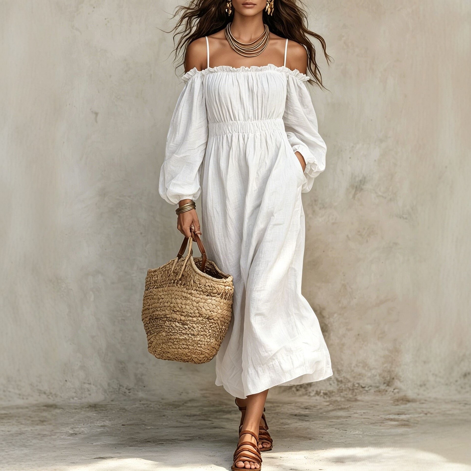 Women's Off-Shoulder Cotton-Linen Midi Dress with Lantern Sleeves