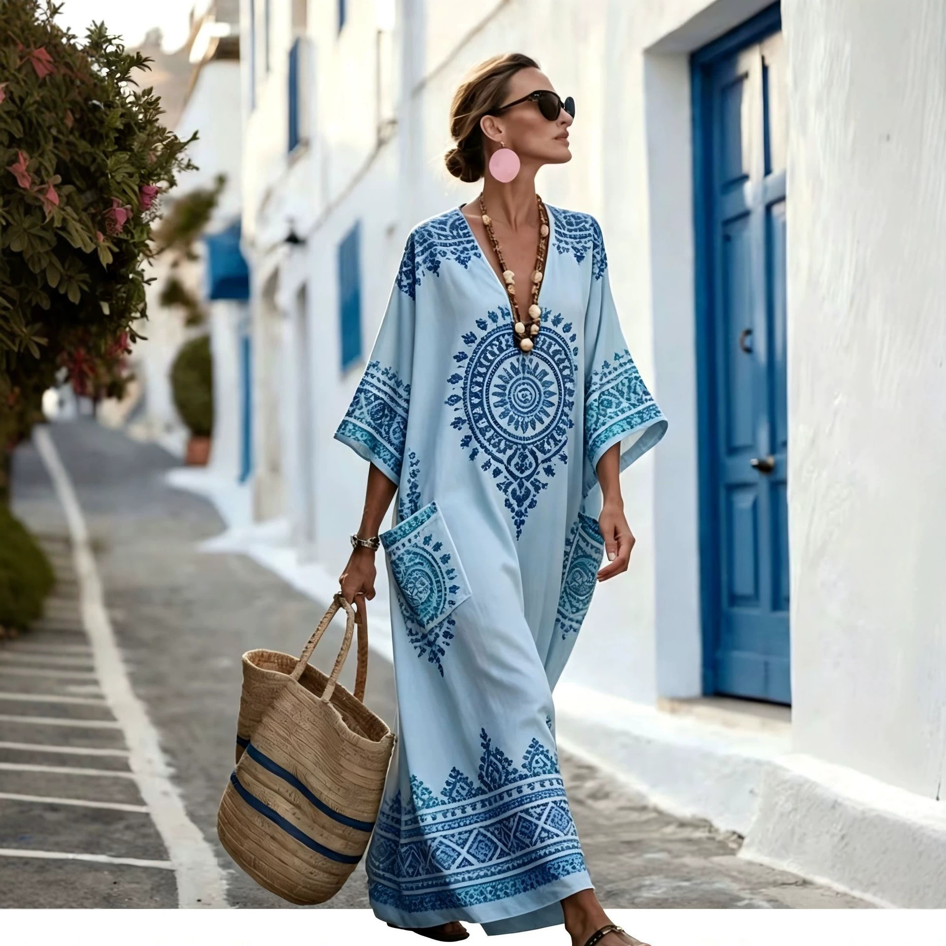 Women's Floral Print Casual Dress with Pockets