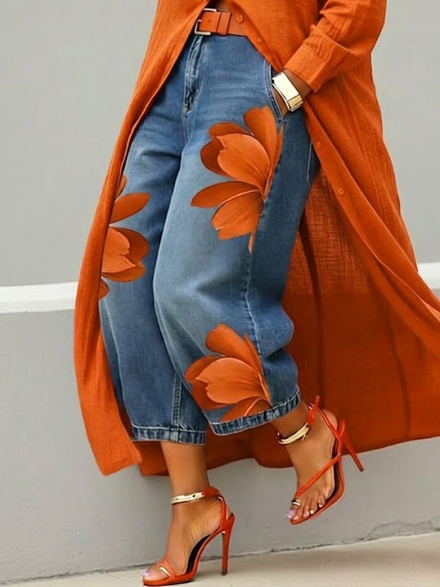 Faux Denim Print Wide-Leg Pants for Women, Loose Fit, Comfortable, Versatile