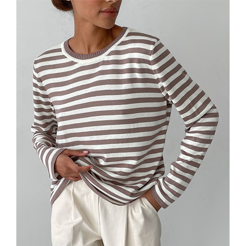 Women's Striped Crewneck Knit Sweater Retro Pullover