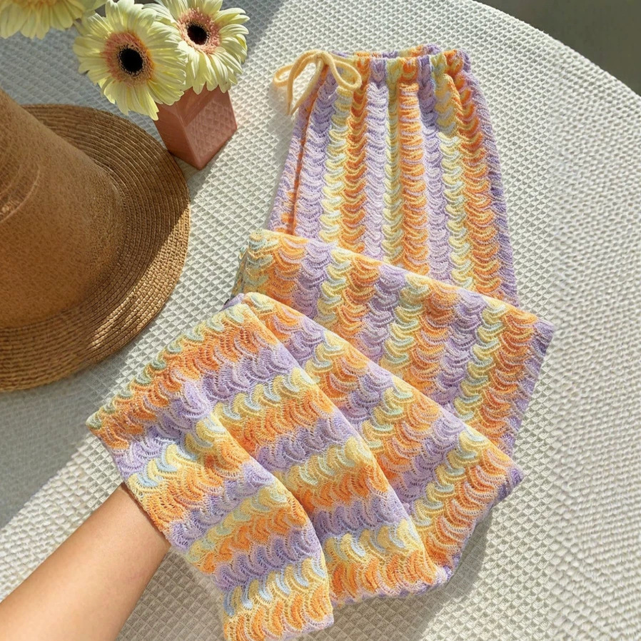 Women's Open-Knit Drawstring Wide-Leg Pants Casual Loose Fit