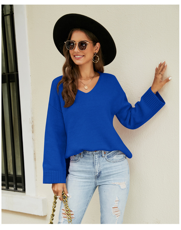 Women's Long Sleeve V-Neck Knit Sweater Casual Loose Fit