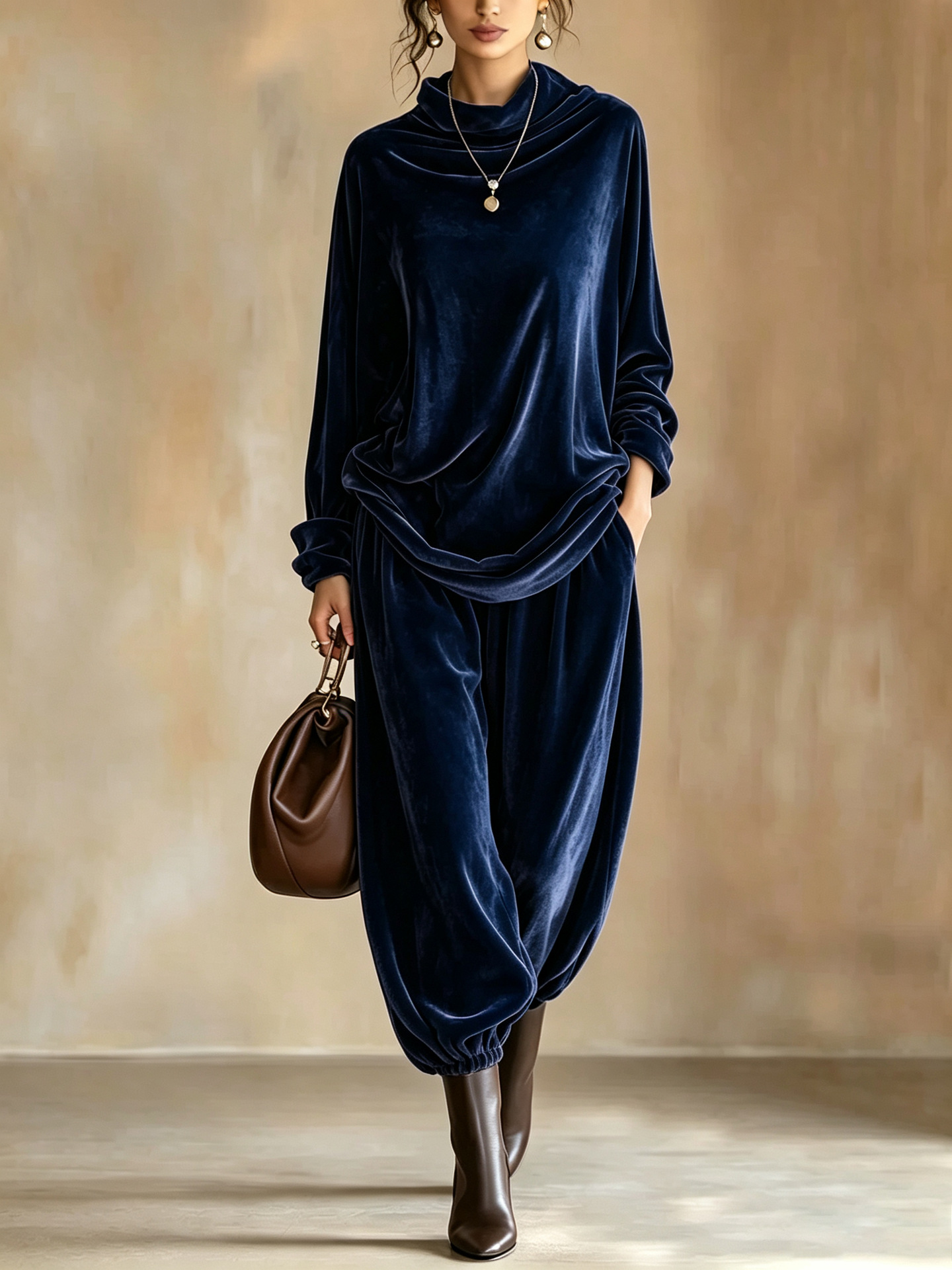 Women's Velvet Two-Piece Set with Cowl Neck Top and Harem Pants