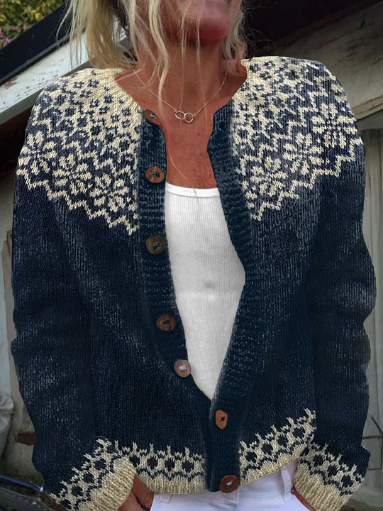 Women's Tribal Feather Print Button Cardigan Sweater