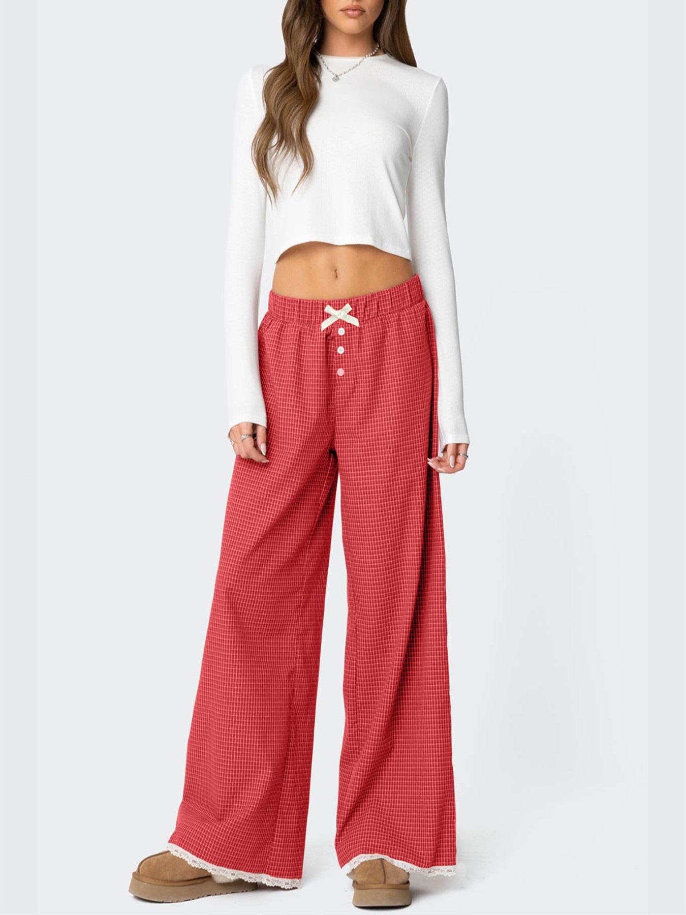 Plaid Print Straight Leg Elastic Waist Lace Trim Pants