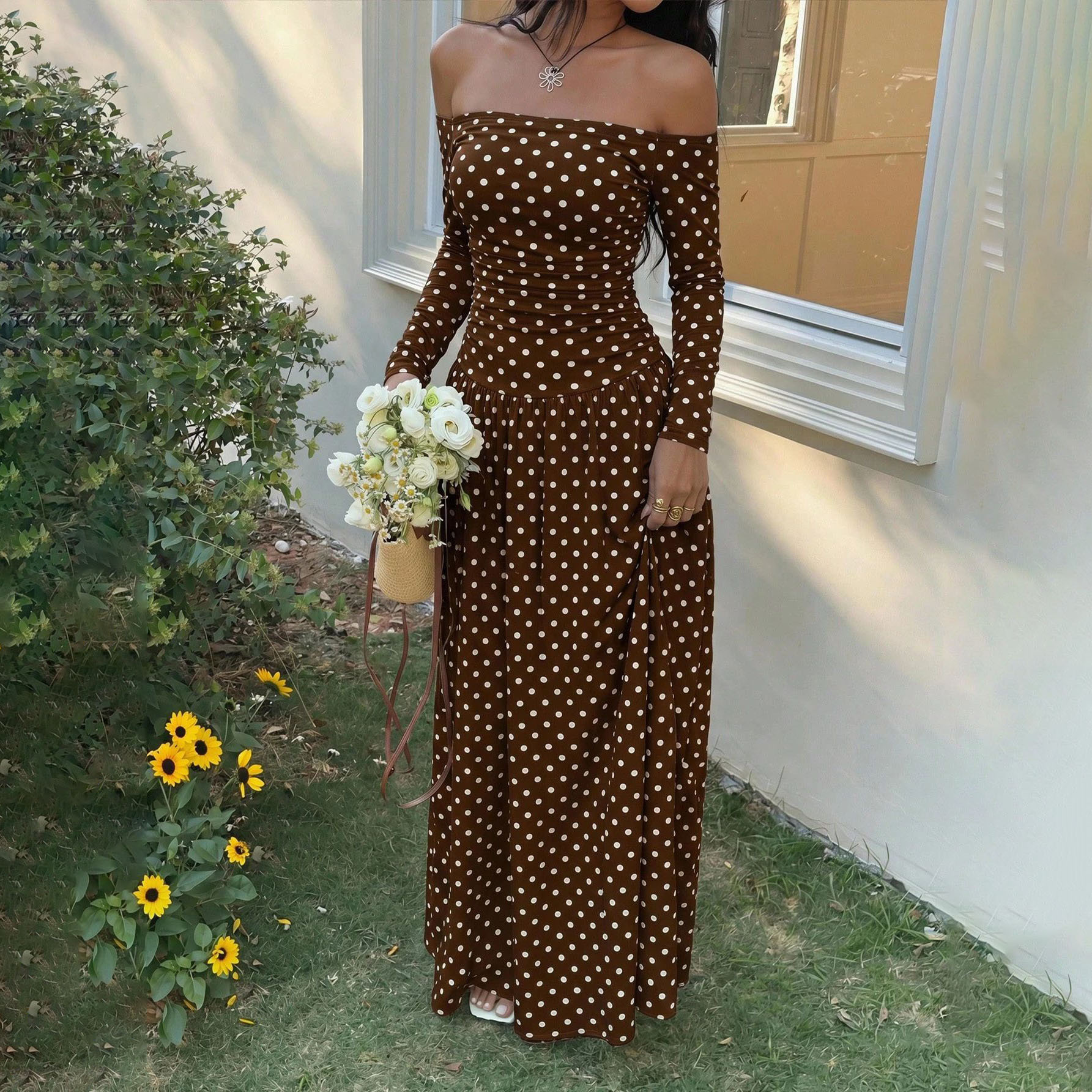 Women's Off-Shoulder Polka Dot Long Sleeve A-Line Dress