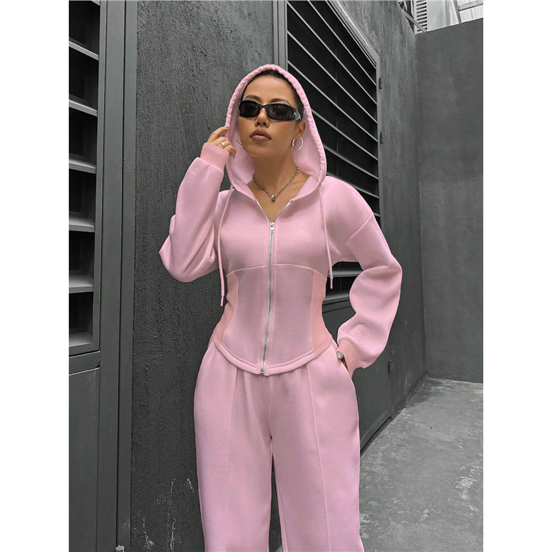 Women's Hooded Zip-Up Sweatshirt and Wide-Leg Pants Two-Piece Set