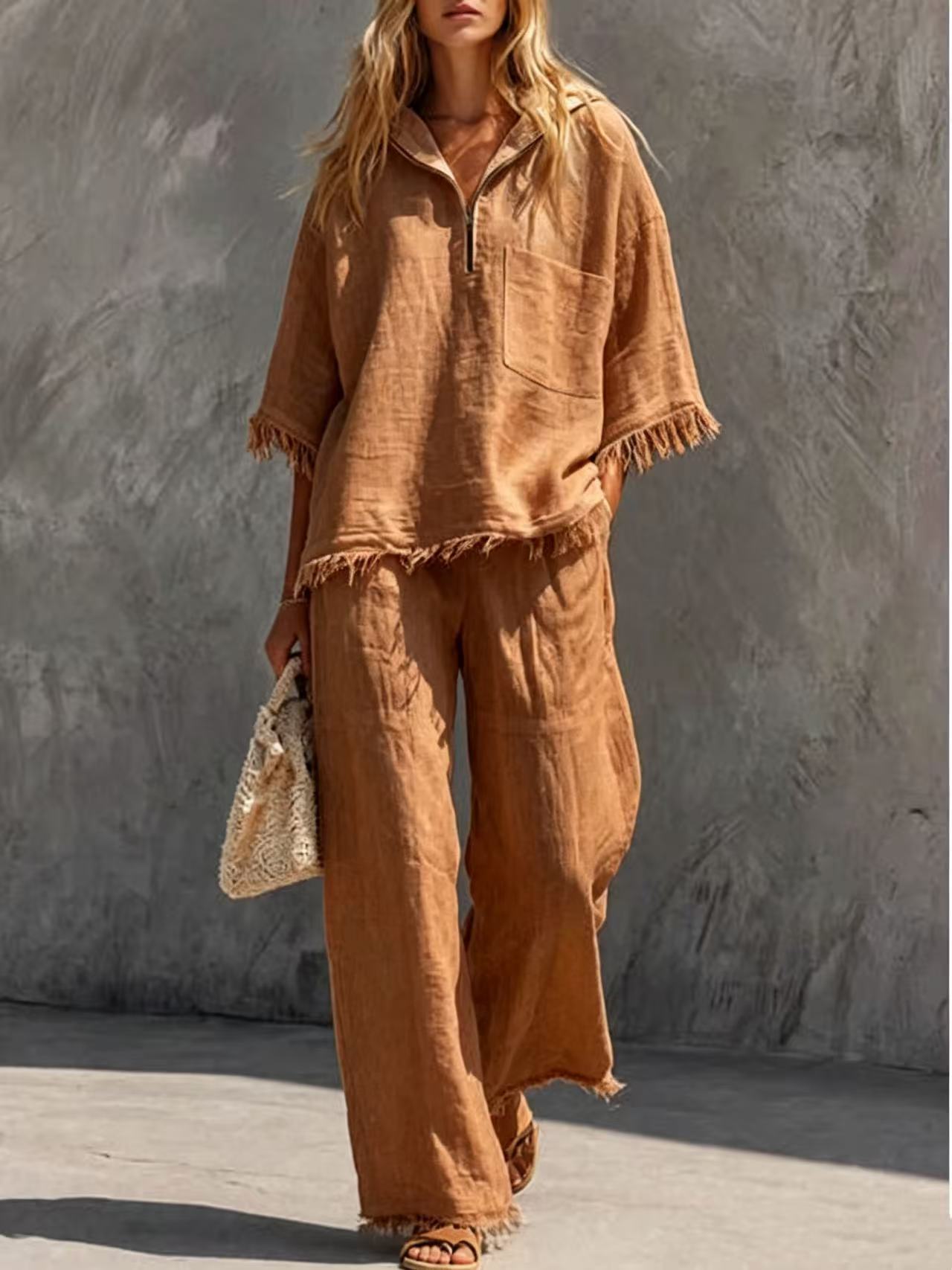 Retro Raw-Edge Fringe Half-Placket Short-Sleeve Top & Wide-Leg Pants Set