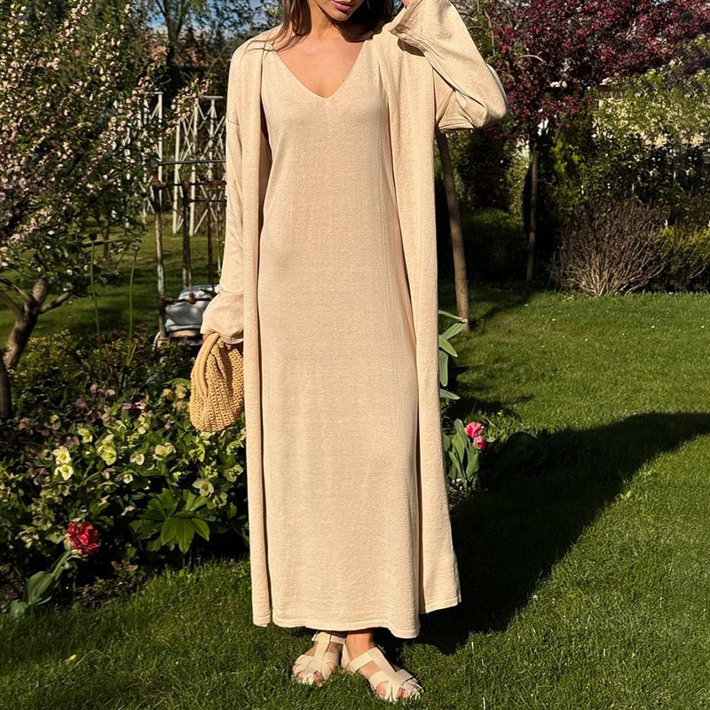 Women's Solid Color Sleeveless Midi Dress and Long Sleeve Cardigan Knit Set