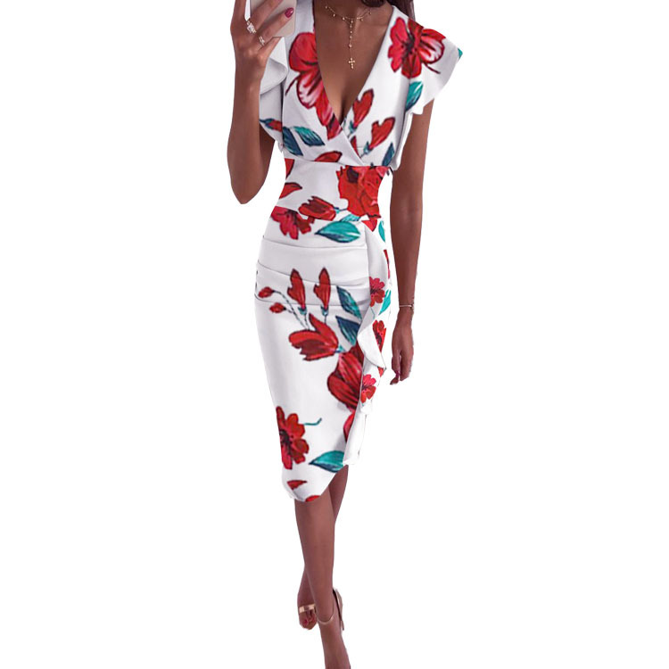 V-Neck Ruched Ruffle Bodycon Dress