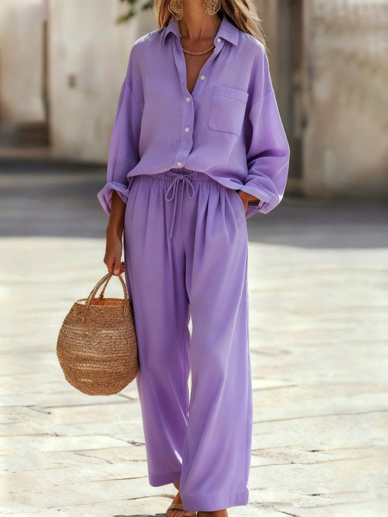 Women's Solid Color Faux Linen Long Sleeve Shirt and Pants Set