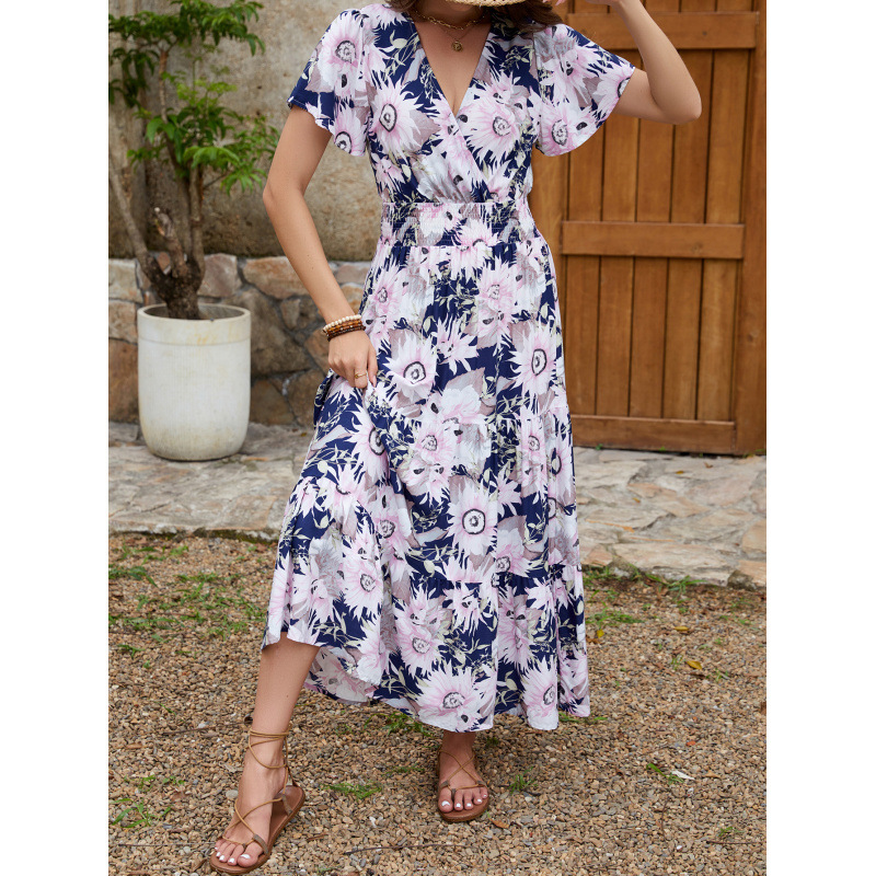 Printed V-Neck Short Sleeve Vacation Dress with Cinched Waist and Flared Long Skirt