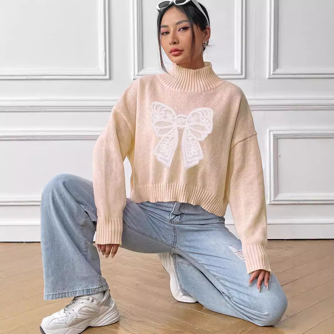 Bow Embroidered High Neck Pullover Sweater Applique Patchwork Short Top