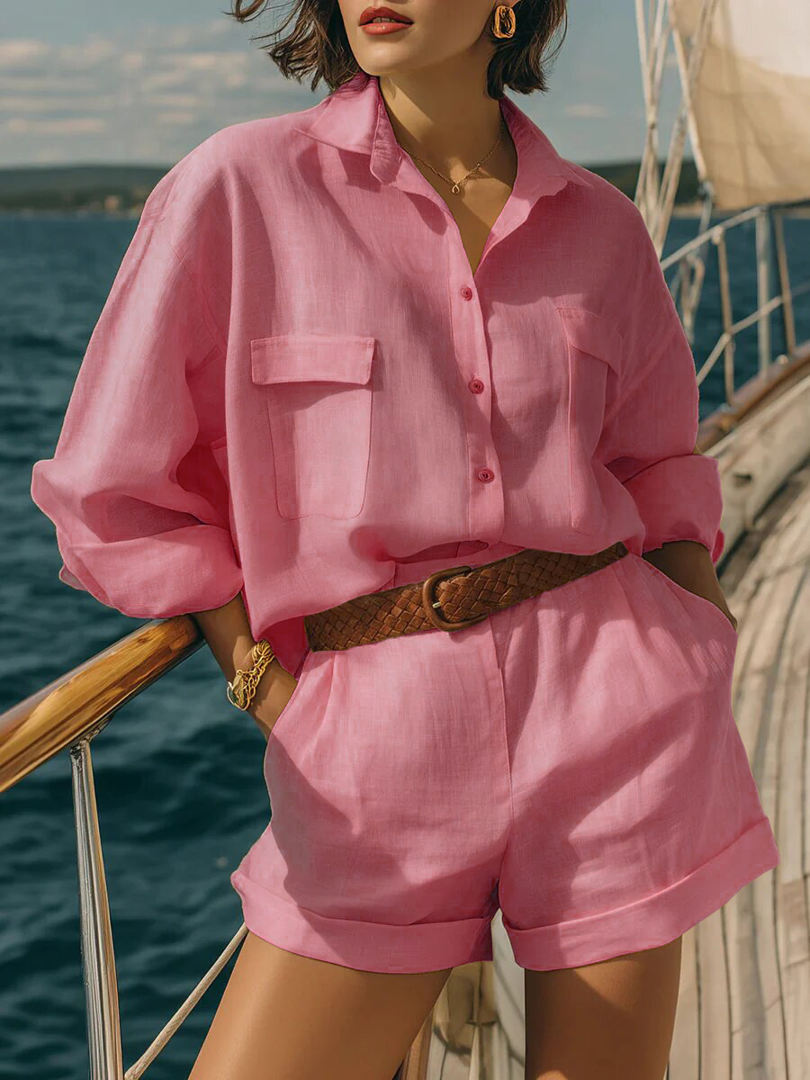 Women's Solid Color Cotton-Linen Loose Button-Front Shirt and Shorts Casual Set