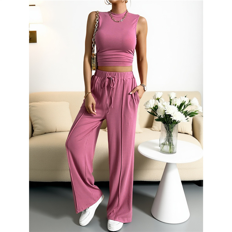 Sleeveless Knit Two-Piece Set with Fitted Top and Wide-Leg Pants