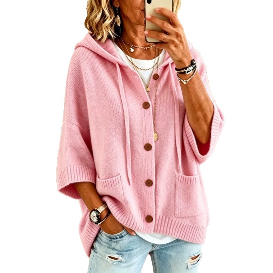 Women's Button-Up Hooded Drawstring Knit Cardigan Sweater Coat