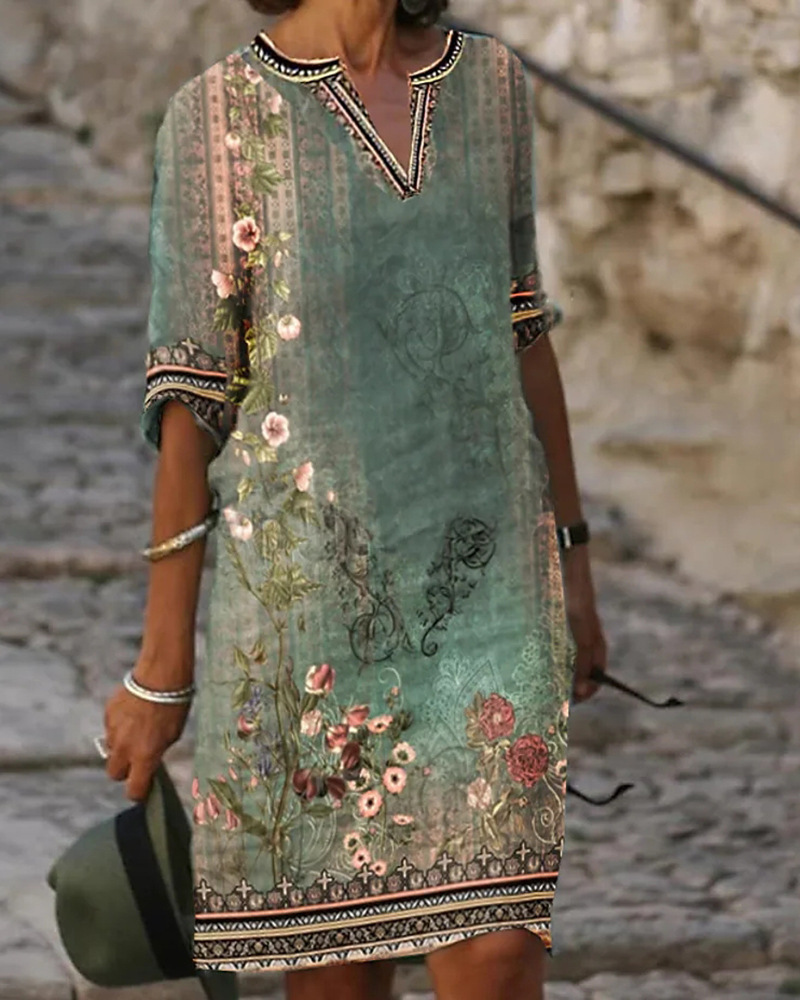 Women's Ethnic Floral Print V-Neck Casual Long Dress