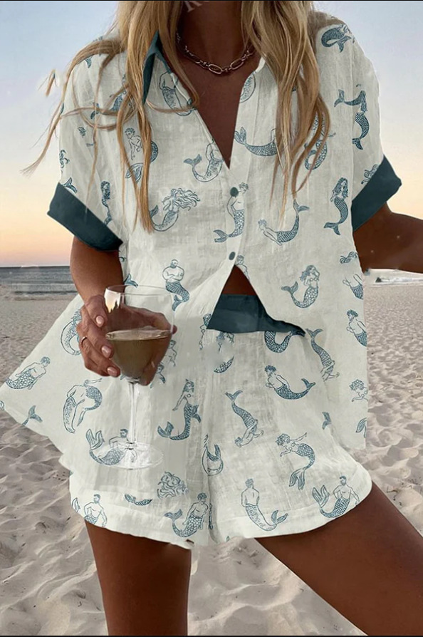 Women's Animal Print Short Sleeve Collared Top Set