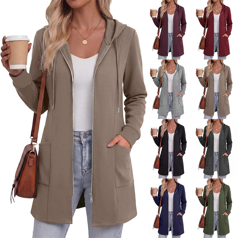 Women's Solid Color Mid-Length Zip-Up Hoodie Casual Sweatshirt Jacket